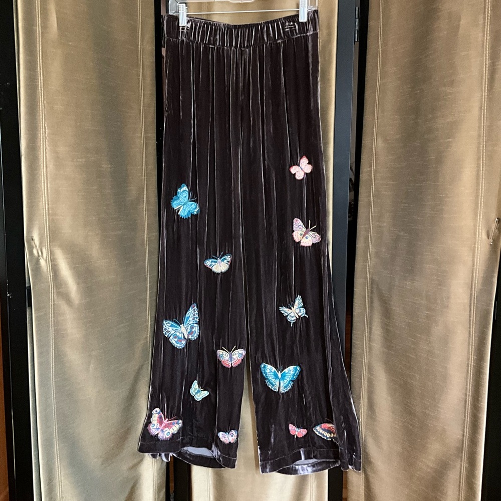 NWT Johnny Was JWLA Brown Seamed Luciana Wide Leg Pants Embroidered